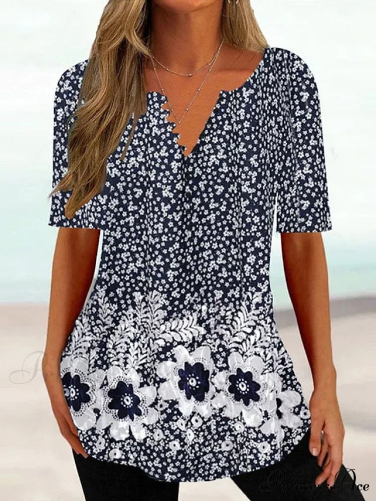 Navy Fit Flowered Women’s in Brief Blue Painting Button Tunic White Sleeve Regular Neck Black with Flowered Print Round
