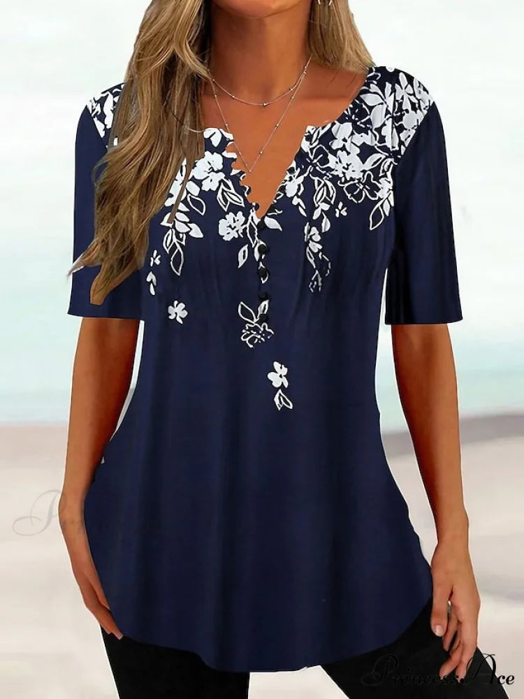 Navy Fit Flowered Women’s in Brief Blue Painting Button Tunic White Sleeve Regular Neck Black with Flowered Print Round