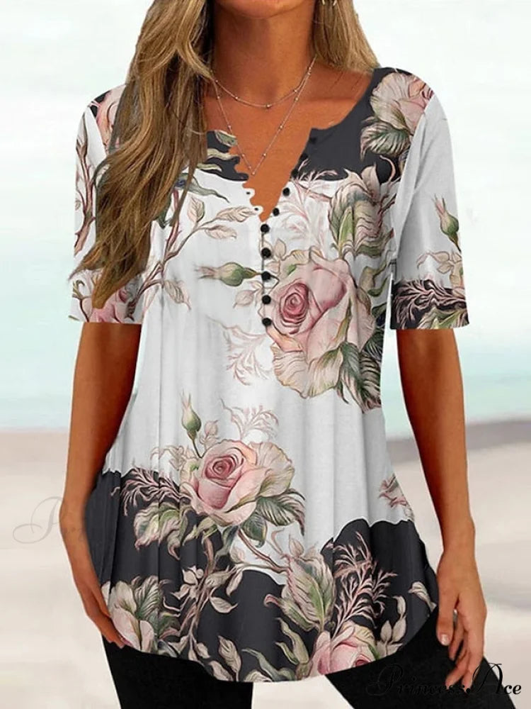 Navy Fit Flowered Women’s in Brief Blue Painting Button Tunic White Sleeve Regular Neck Black with Flowered Print Round