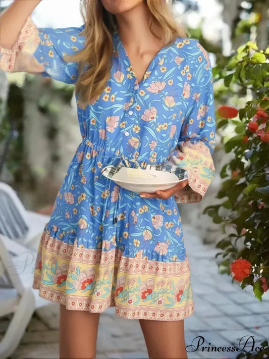 Navy Flower Pattern Flounce Sleeve Bohemian Dress Blue / S bohodress-250126
