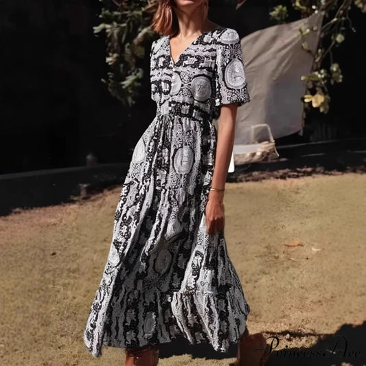 Navy Flower Pattern Frills Sleeve Rayon A-line Seaside Maxi Boho Dress Black / S bohodress-250126