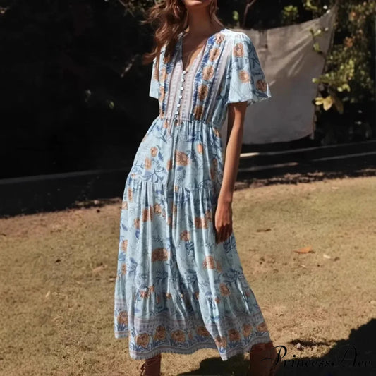 Navy Flower Pattern Frills Sleeve Rayon A-line Seaside Maxi Boho Dress light blue / S bohodress-250126
