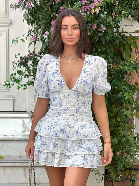 Navy Flower Pattern Layered Short Puff Sleeve Bohemian Dress Blue / S floraldress-250126