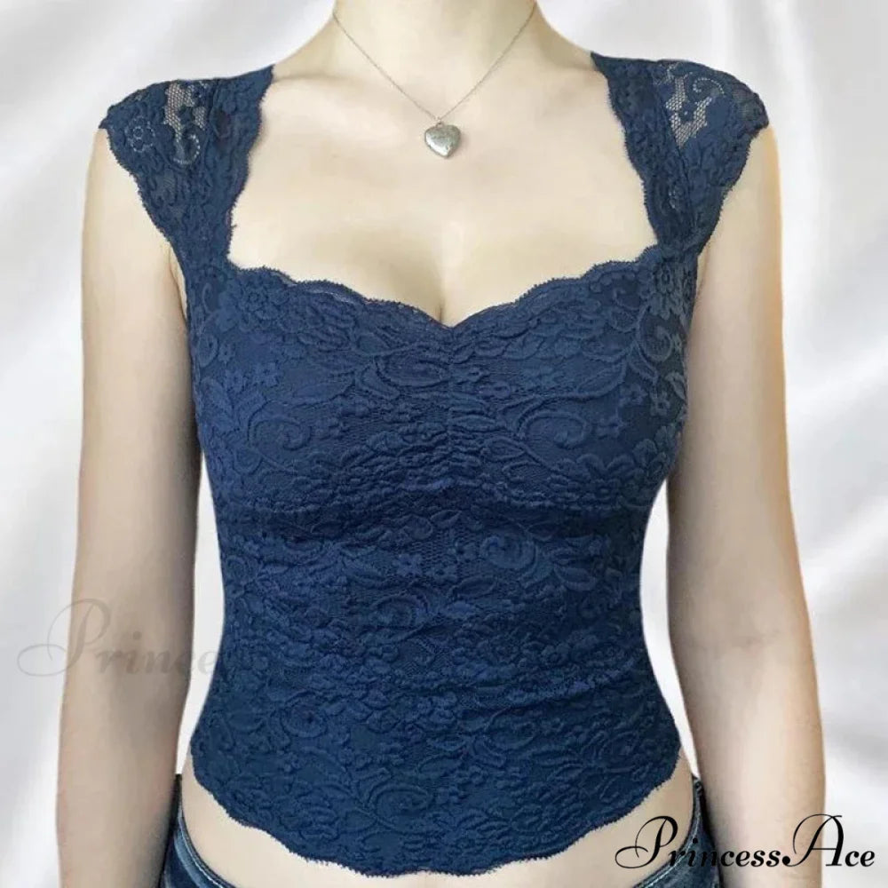 Navy Flowery Lace Milkmaid Y2K Crop Top NAVY BLUE / S croptop-250126