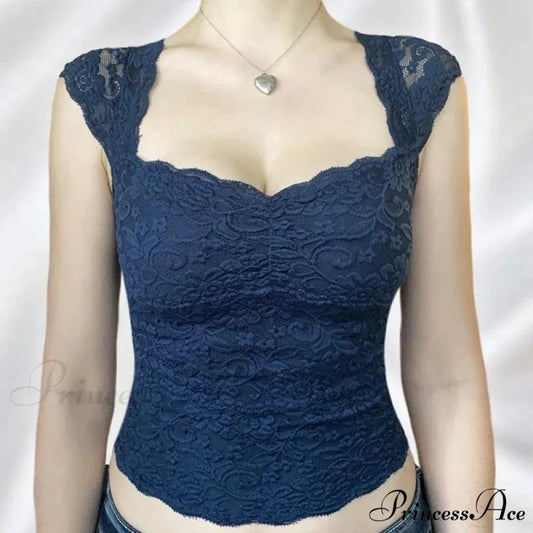 Navy Flowery Lace Milkmaid Y2K Crop Top NAVY BLUE / S croptop-250126