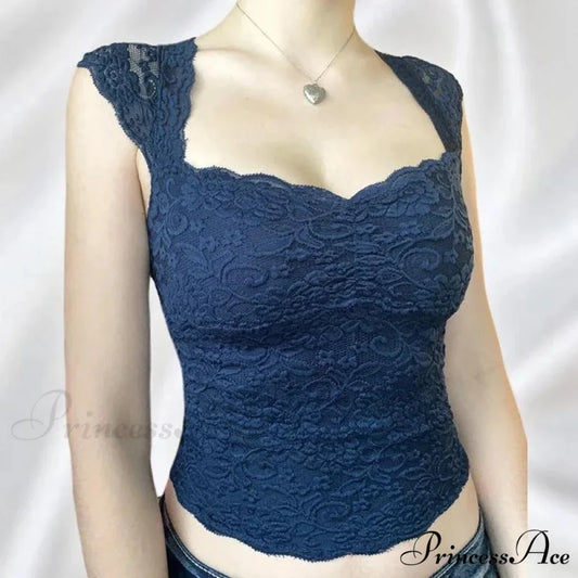 Navy Flowery Lace Milkmaid Y2K Crop Top croptop-250126