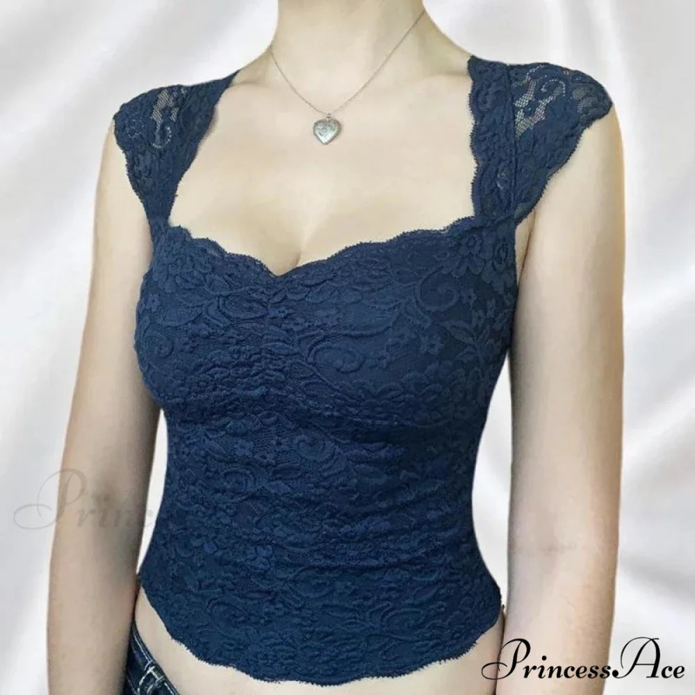 Navy Flowery Lace Milkmaid Y2K Crop Top croptop-250126