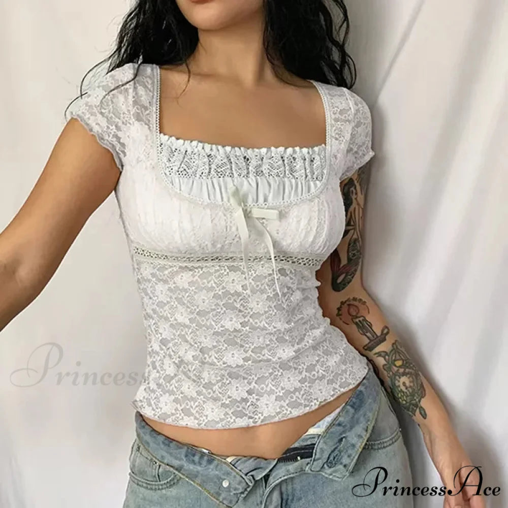 Navy Flowery Lace Milkmaid Y2K Crop Top WHITE1 / S croptop-250126