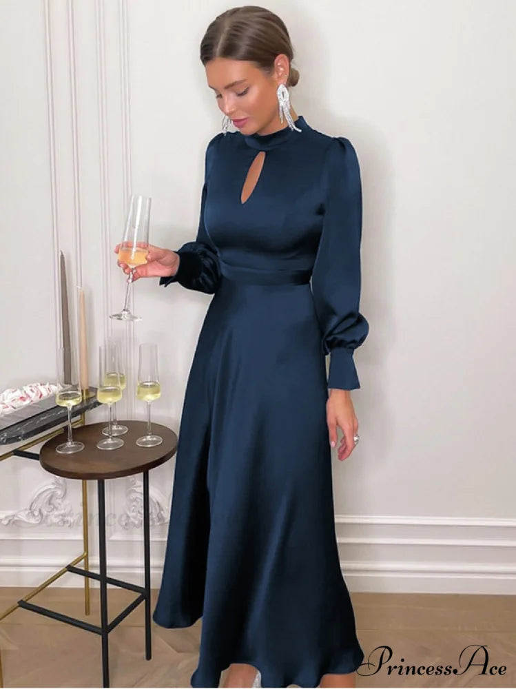 Navy Hollow Out Satin Midi Party Dress with Lantern Sleeves and Keyhole Detail
