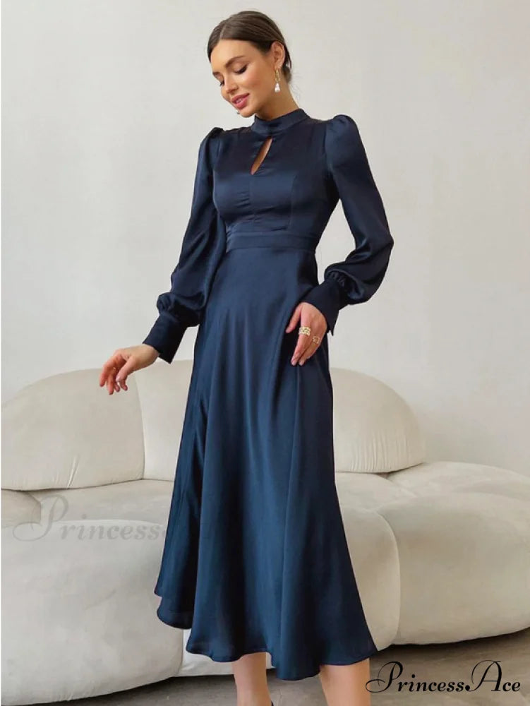 Navy Hollow Out Satin Midi Party Dress with Lantern Sleeves and Keyhole Detail