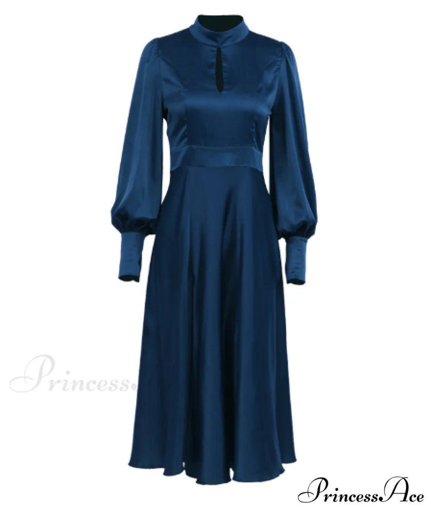 Navy Hollow Out Satin Midi Party Dress with Lantern Sleeves and Keyhole Detail