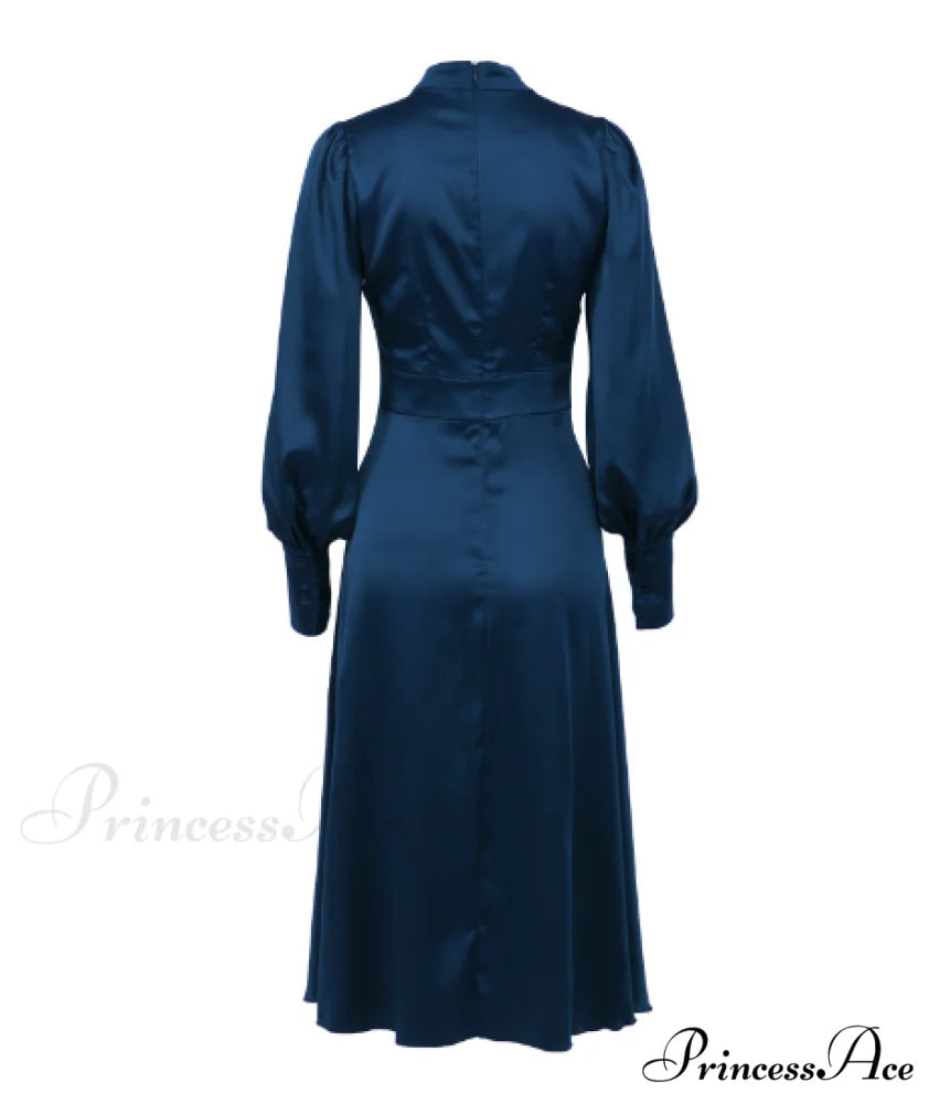 Navy Hollow Out Satin Midi Party Dress with Lantern Sleeves and Keyhole Detail