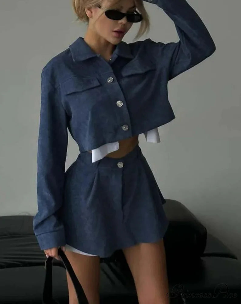 Navy Patchwork Crop Mini Skirt Workplace Two Piece Set Blue / S officetwopieceset-250223