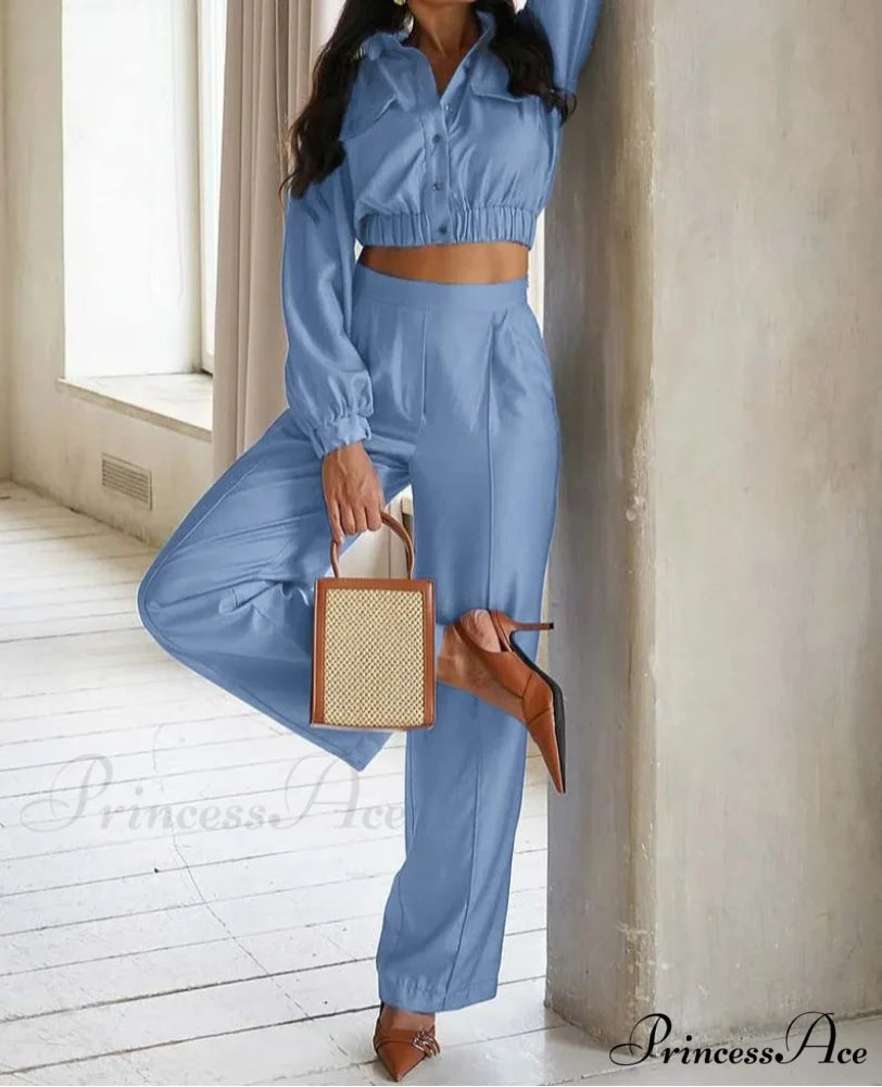 Navy Pockets Crop Straight Pants Workplace Two Piece Set Blue / S officetwopieceset-250223