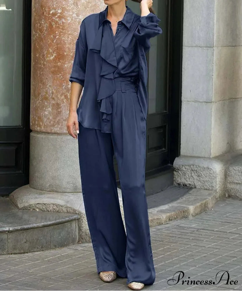 Navy Silk Frilled Blouse Trousers Workplace Two Piece Set Blue / S officetwopieceset-250223