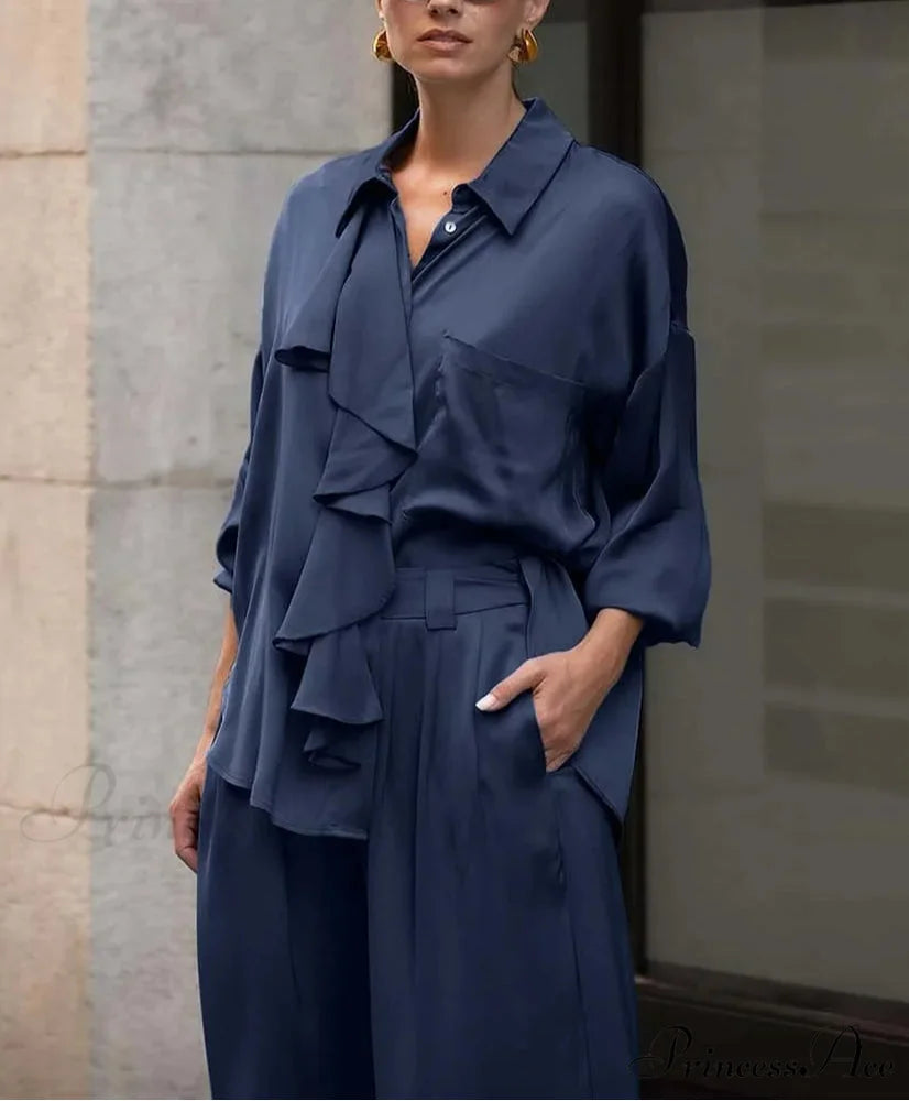 Navy Silk Frilled Blouse Trousers Workplace Two Piece Set officetwopieceset-250223