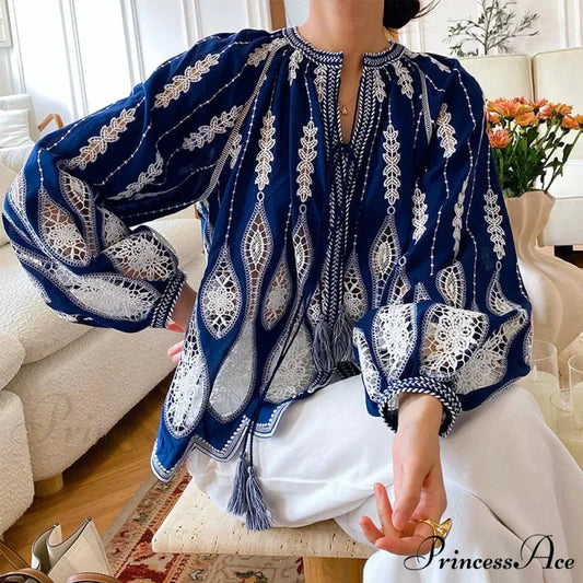 Navy Stitched Lantern Sleeve Ethnic Boho Top Blue / S bohoblouse-250126