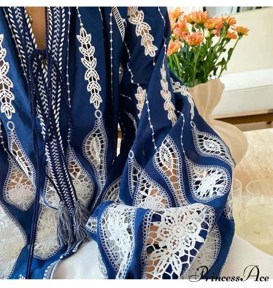 Navy Stitched Lantern Sleeve Ethnic Boho Top bohoblouse-250126