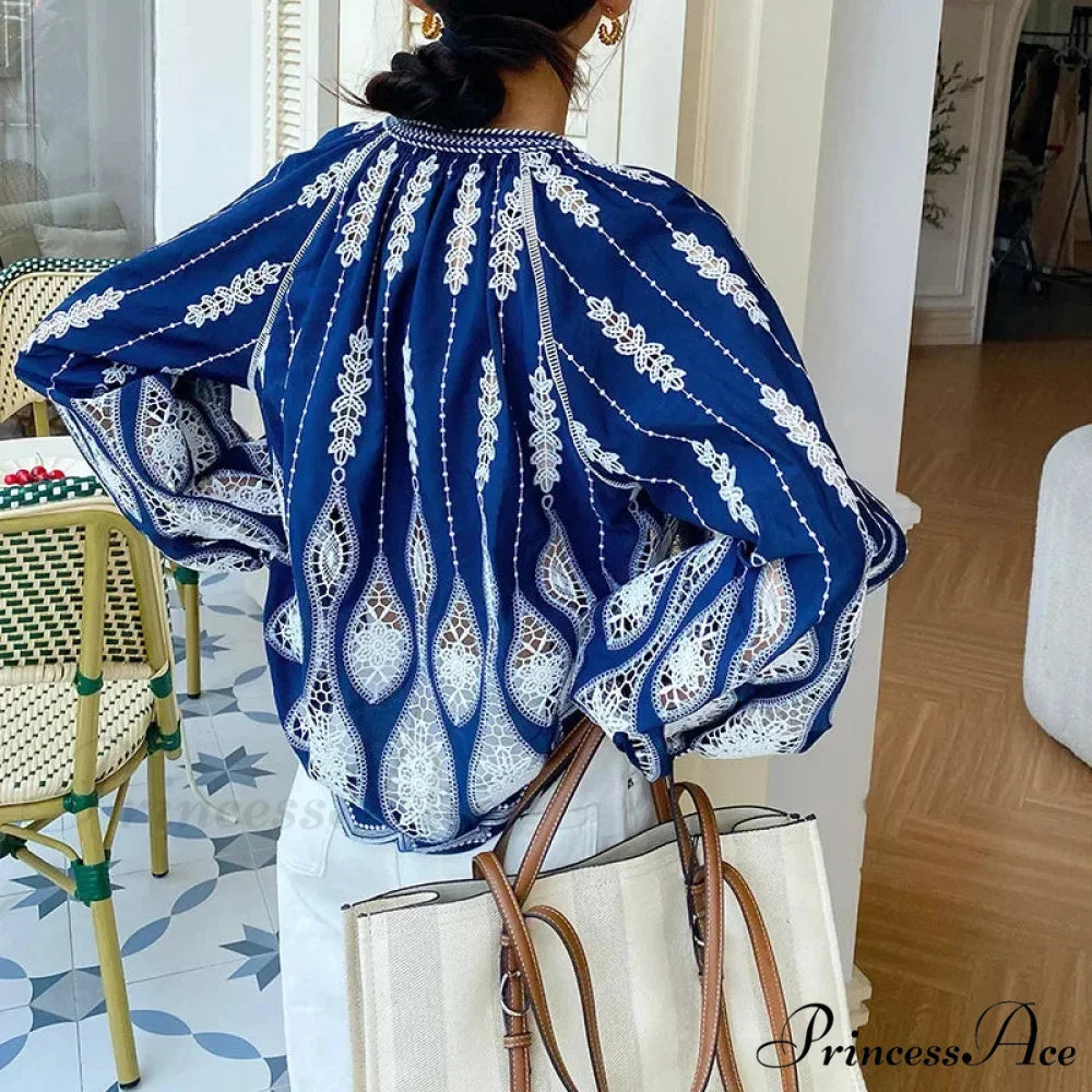 Navy Stitched Lantern Sleeve Ethnic Boho Top bohoblouse-250126