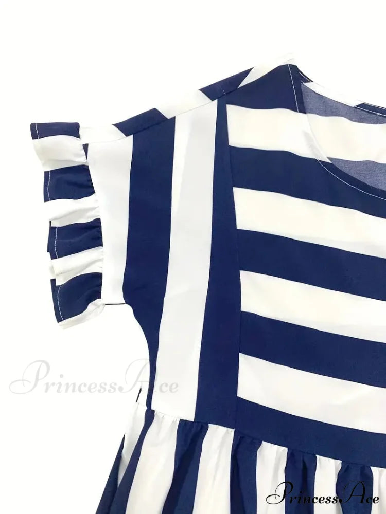 Navy Striped Summer Dress with Short Sleeves M / Black