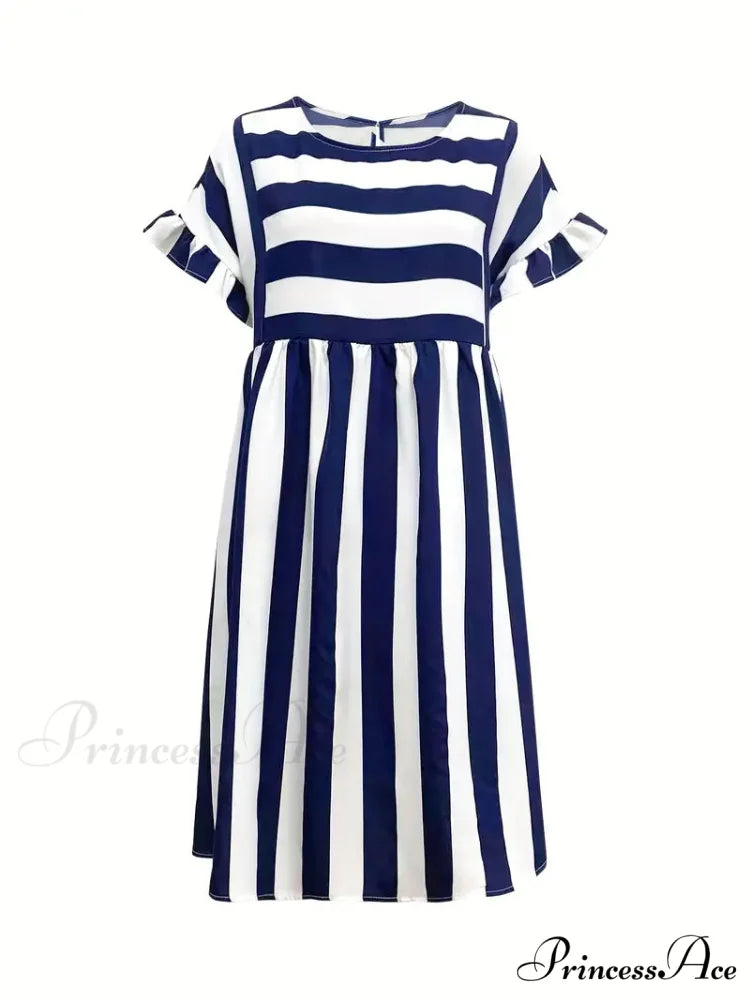 Navy Striped Summer Dress with Short Sleeves M / Green