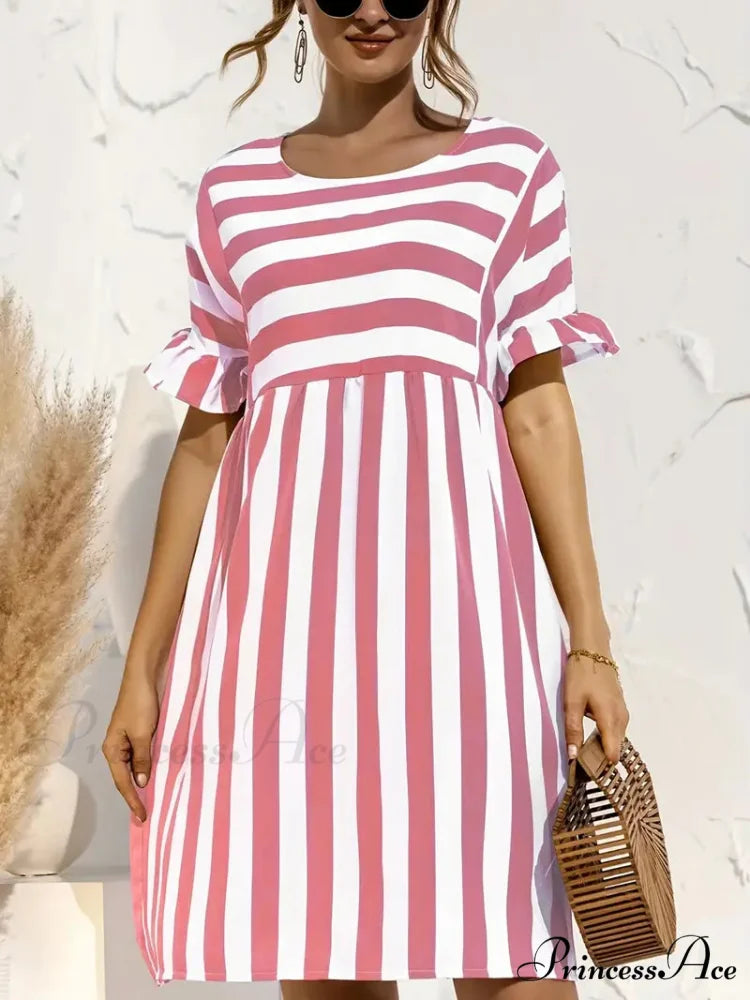 Navy Striped Summer Dress with Short Sleeves M / Pink