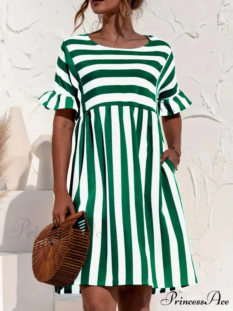Navy Striped Summer Dress with Short Sleeves M / Red