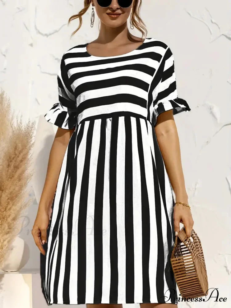 Navy Striped Summer Dress with Short Sleeves S / Navy