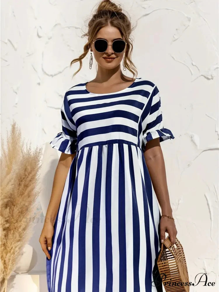 Navy Striped Summer Dress with Short Sleeves S / Black