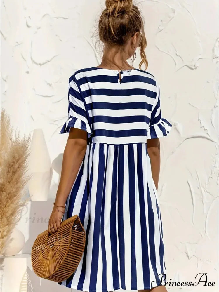 Navy Striped Summer Dress with Short Sleeves S / Blue
