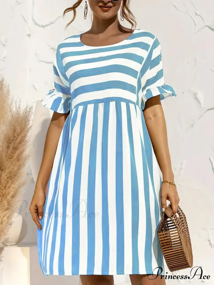 Navy Striped Summer Dress with Short Sleeves S / Green