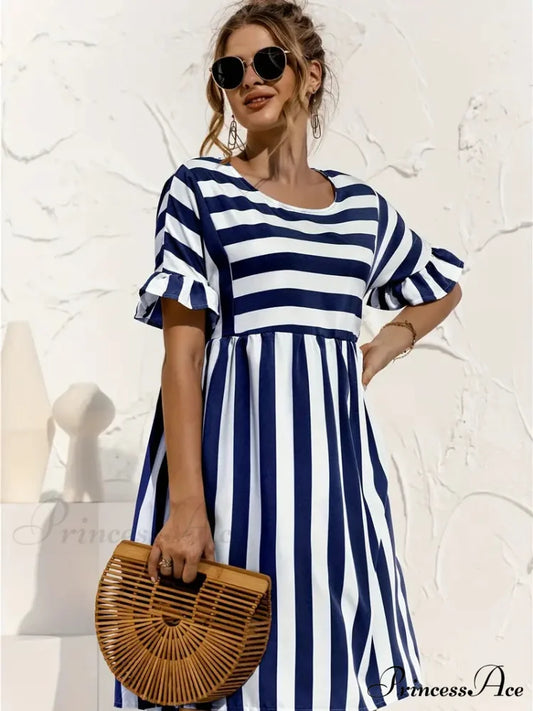 Navy Striped Summer Dress with Short Sleeves S / Pink