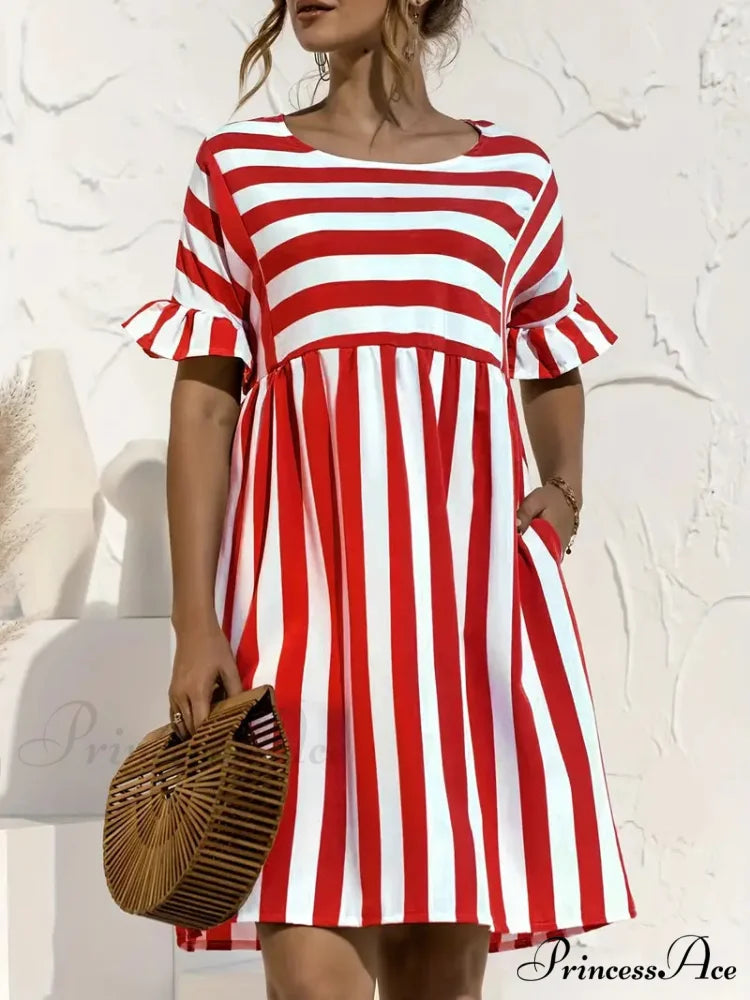 Navy Striped Summer Dress with Short Sleeves S / Red