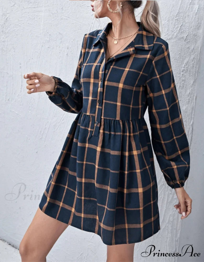 Navy V Neck Plaid Prints Buttons Casual Sweet Dress for Women
