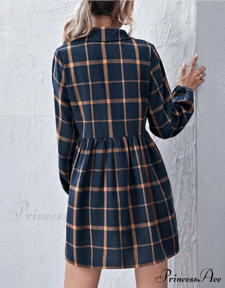 Navy V Neck Plaid Prints Buttons Casual Sweet Dress for Women