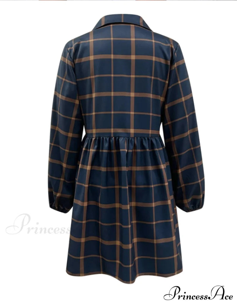 Navy V Neck Plaid Prints Buttons Casual Sweet Dress for Women