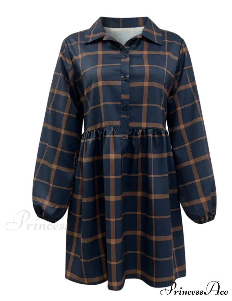 Navy V Neck Plaid Prints Buttons Casual Sweet Dress for Women