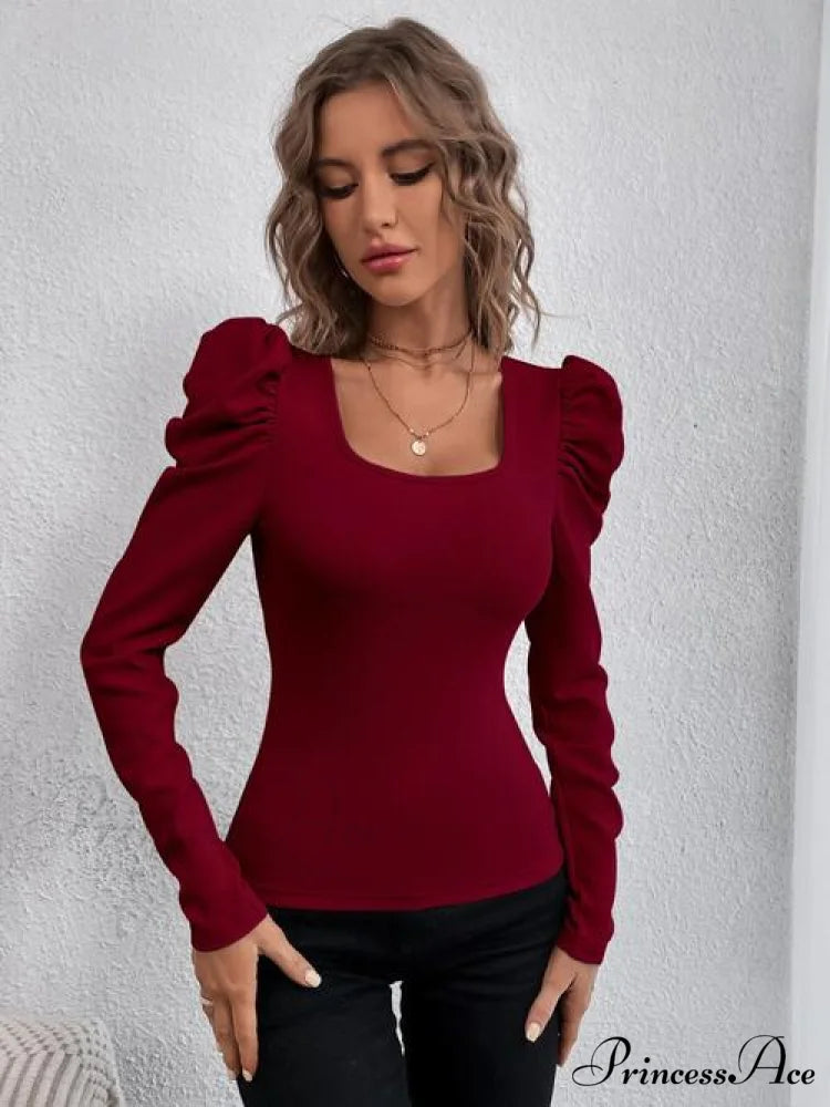 Neck Boxy Arm Puff Top Wine / S
