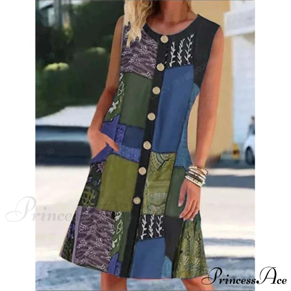 Neck Buttoned Cardigan Beach Sleeveless Dress Blue / XXL