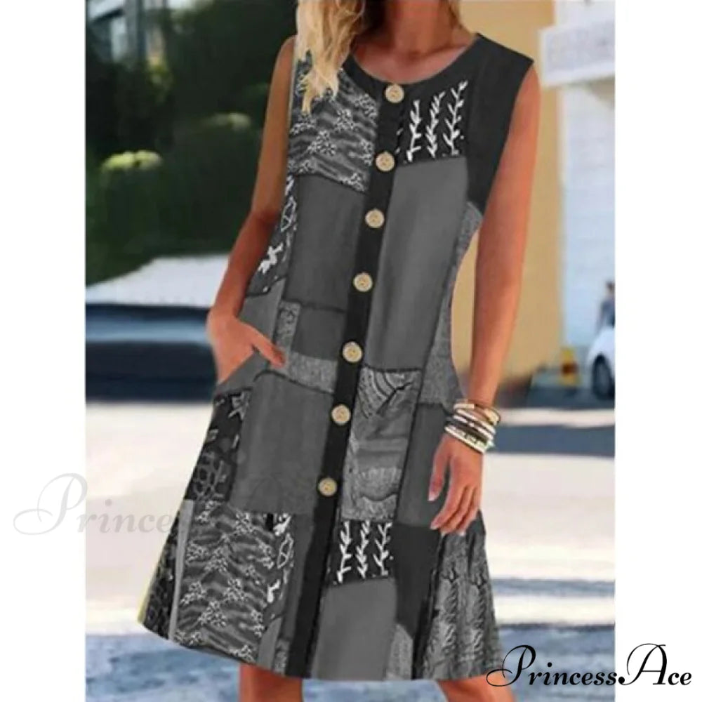 Neck Buttoned Cardigan Beach Sleeveless Dress gray / XXL