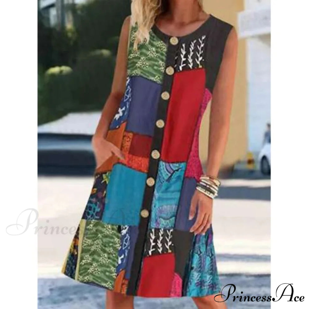 Neck Buttoned Cardigan Beach Sleeveless Dress Red / XXL