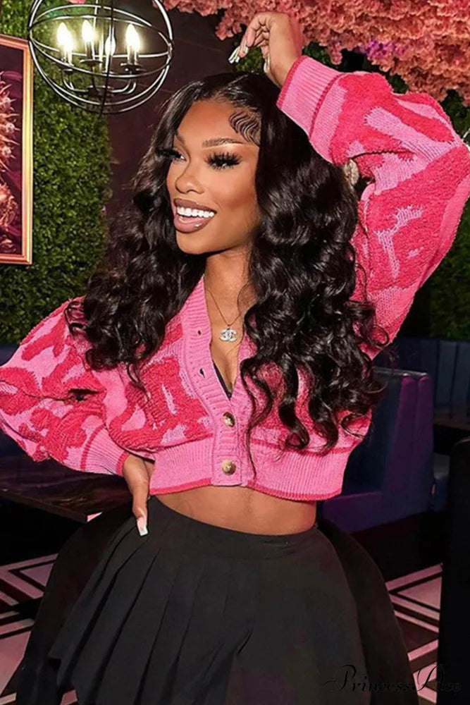 Neck Crop Jacquard V Sweater Pink / L