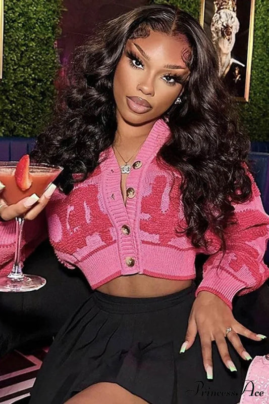 Neck Crop Jacquard V Sweater Pink / M