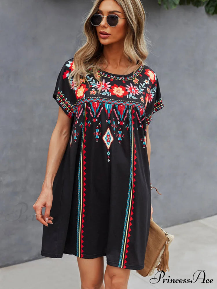 Neck Festive Knitted for Gown Short-Sleeved Round Casual Women Black / S