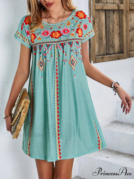 Neck Festive Knitted for Gown Short-Sleeved Round Casual Women Green / S