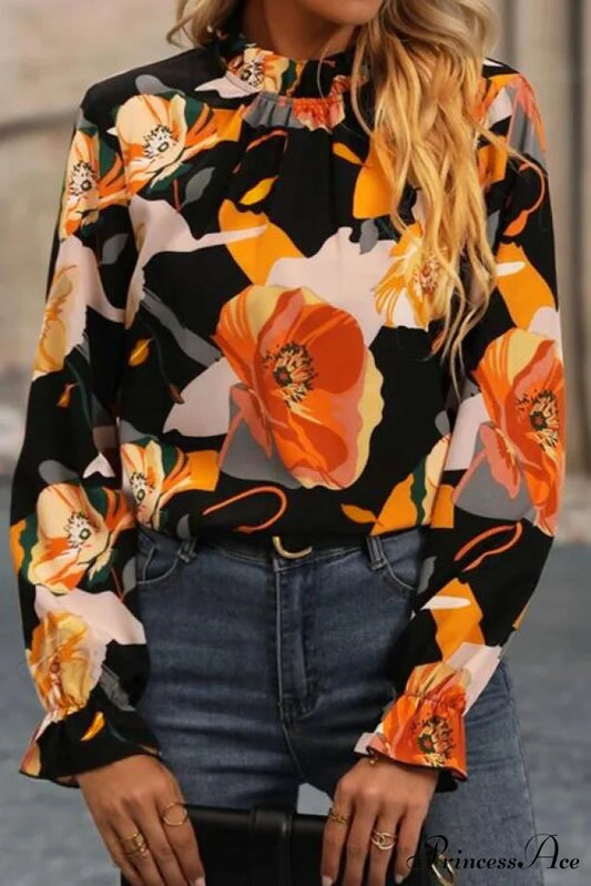 Neck Flounce with Mock Flowered Blouse Sleeves Black / S