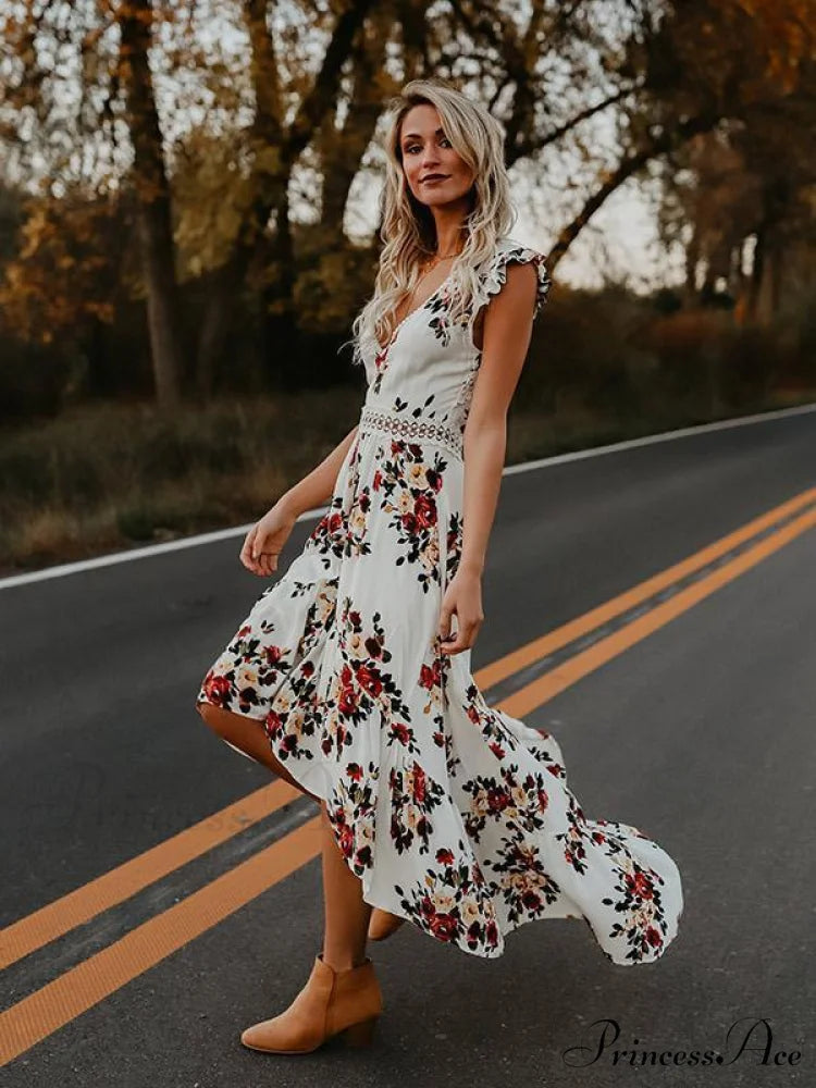Neck Full-Length V Asymmetry Flowered Bohemia Backless Dress M / Black