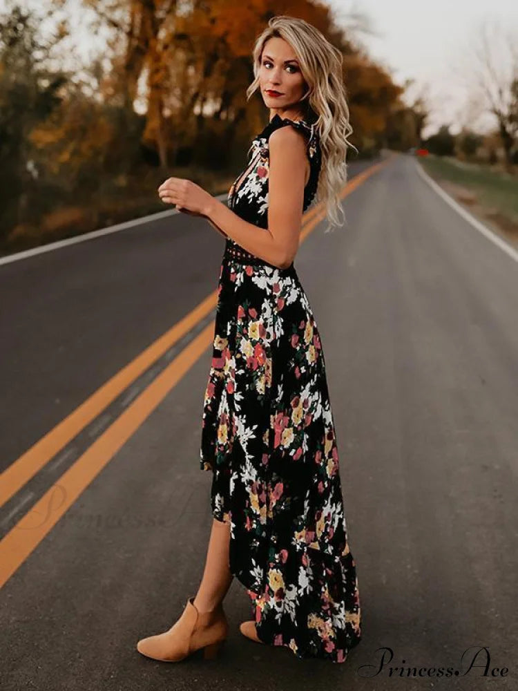 Neck Full-Length V Asymmetry Flowered Bohemia Backless Dress M / White