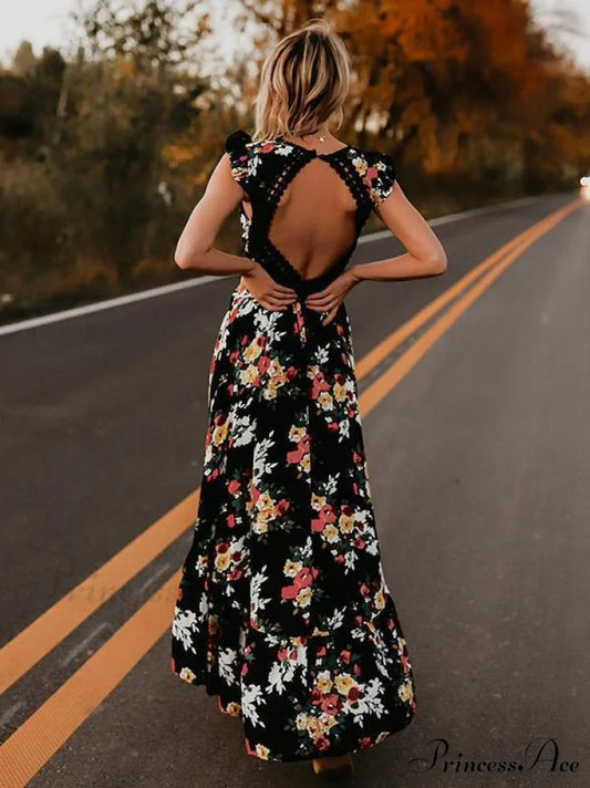 Neck Full-Length V Asymmetry Flowered Bohemia Backless Dress S / Black
