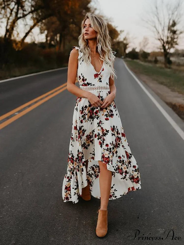 Neck Full-Length V Asymmetry Flowered Bohemia Backless Dress S / White